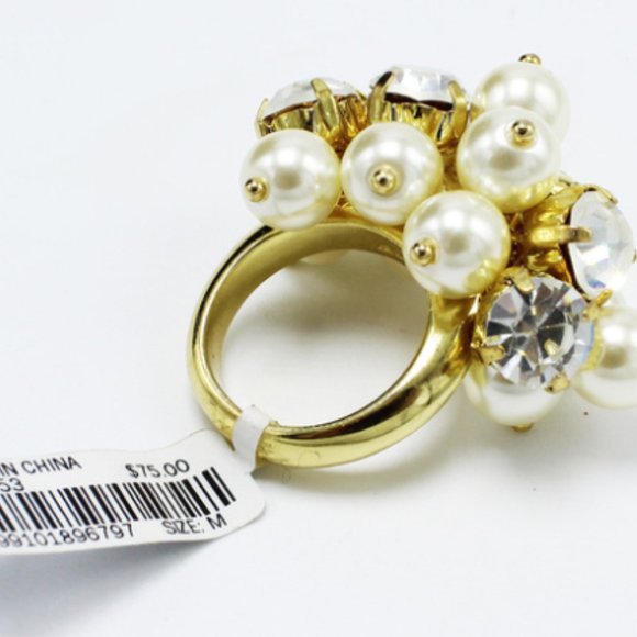 J. Crew Gold Pearl Cubic Zirconia Statement Ring - Picture 2 of 6